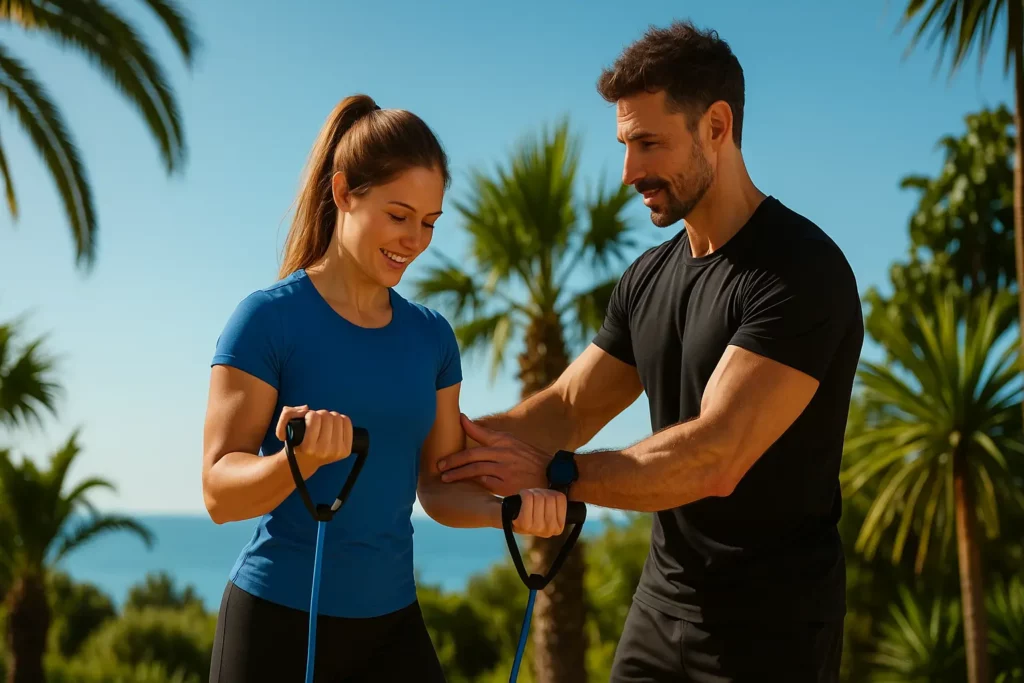 Coach sportif à Cannes encadrant une séance de musculation et remise en forme en extérieur avec élastiques