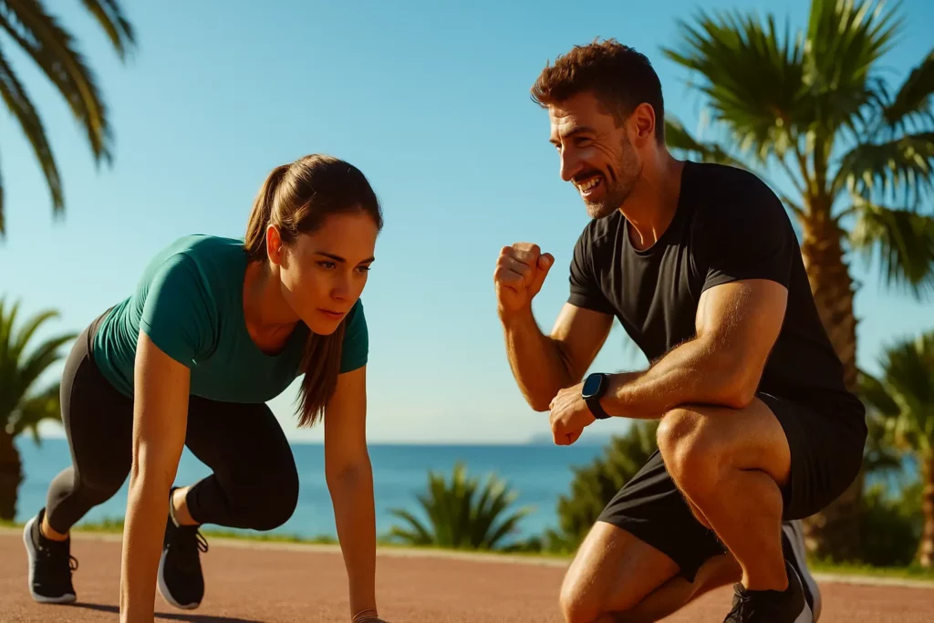 Coach sportif à Cannes encadrant une séance de perte de poids en extérieur avec exercices cardio