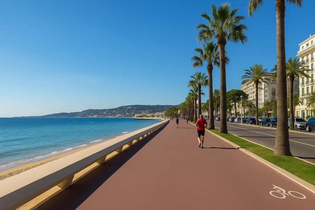 Jogging le long de la Croisette à Cannes avec vue sur la mer et les palmiers